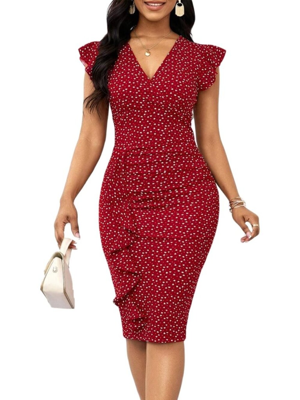 Summer Bodycon Midi Dress with Ruffled Sleeves, V Neck, Ruched Cocktail Style